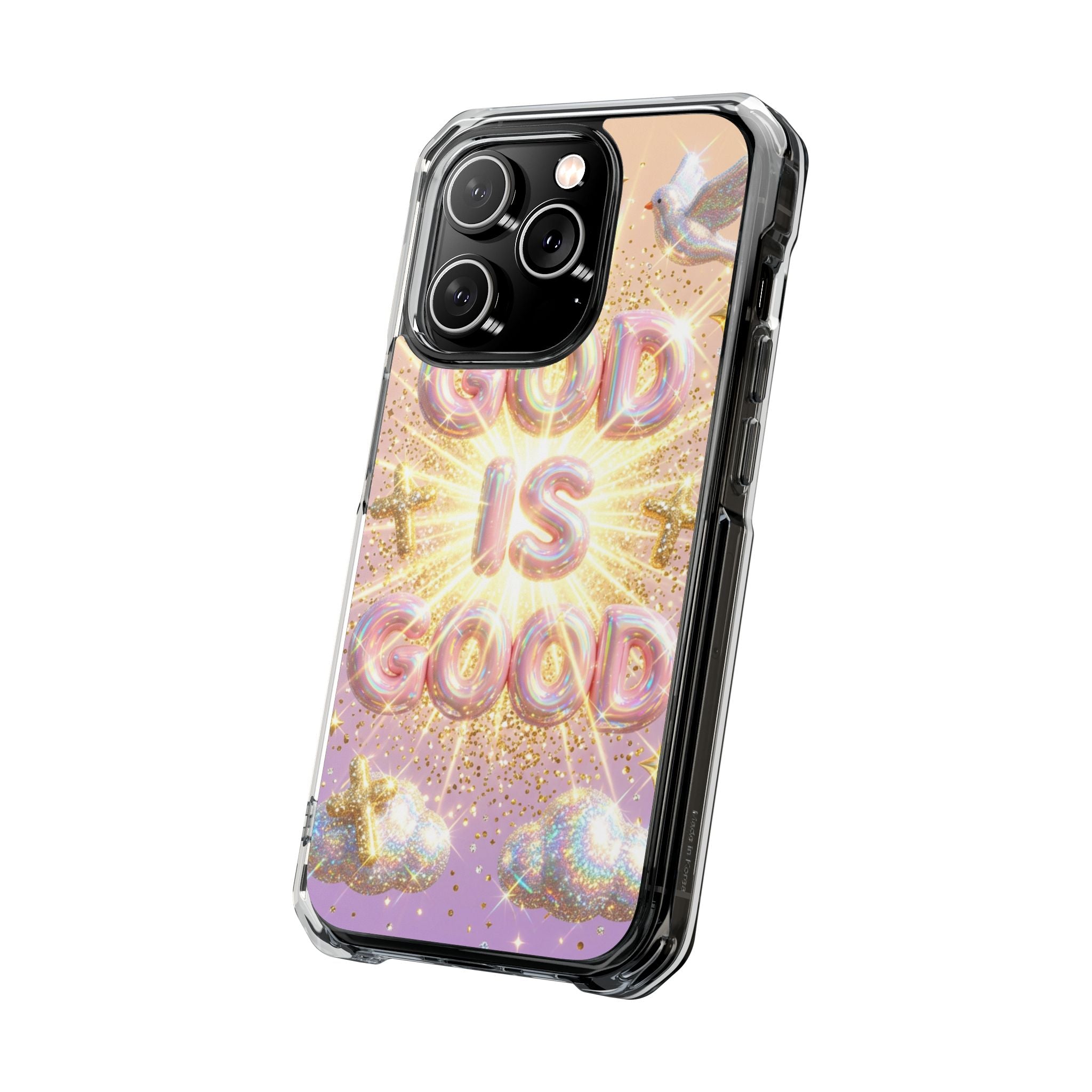 Clear Magnetic Phone Case — "God Is Good" Glitter Cross Design