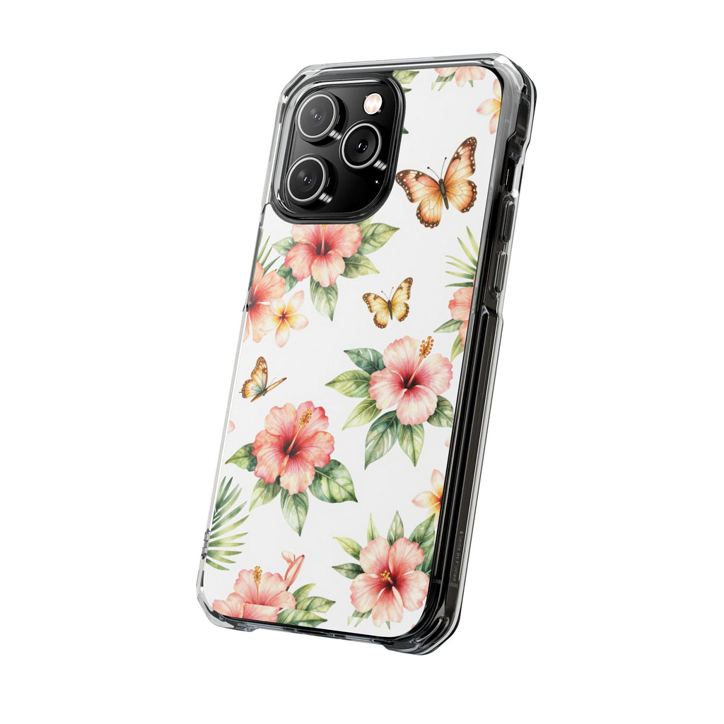 Clear Impact Phone Case — Tropical Hibiscus & Butterfly Magnetic Protective Cover