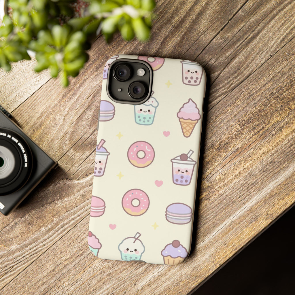 Kawaii Sweets Pattern Phone Case — Cute Donut, Cupcake & Bubble Tea Tough Case
