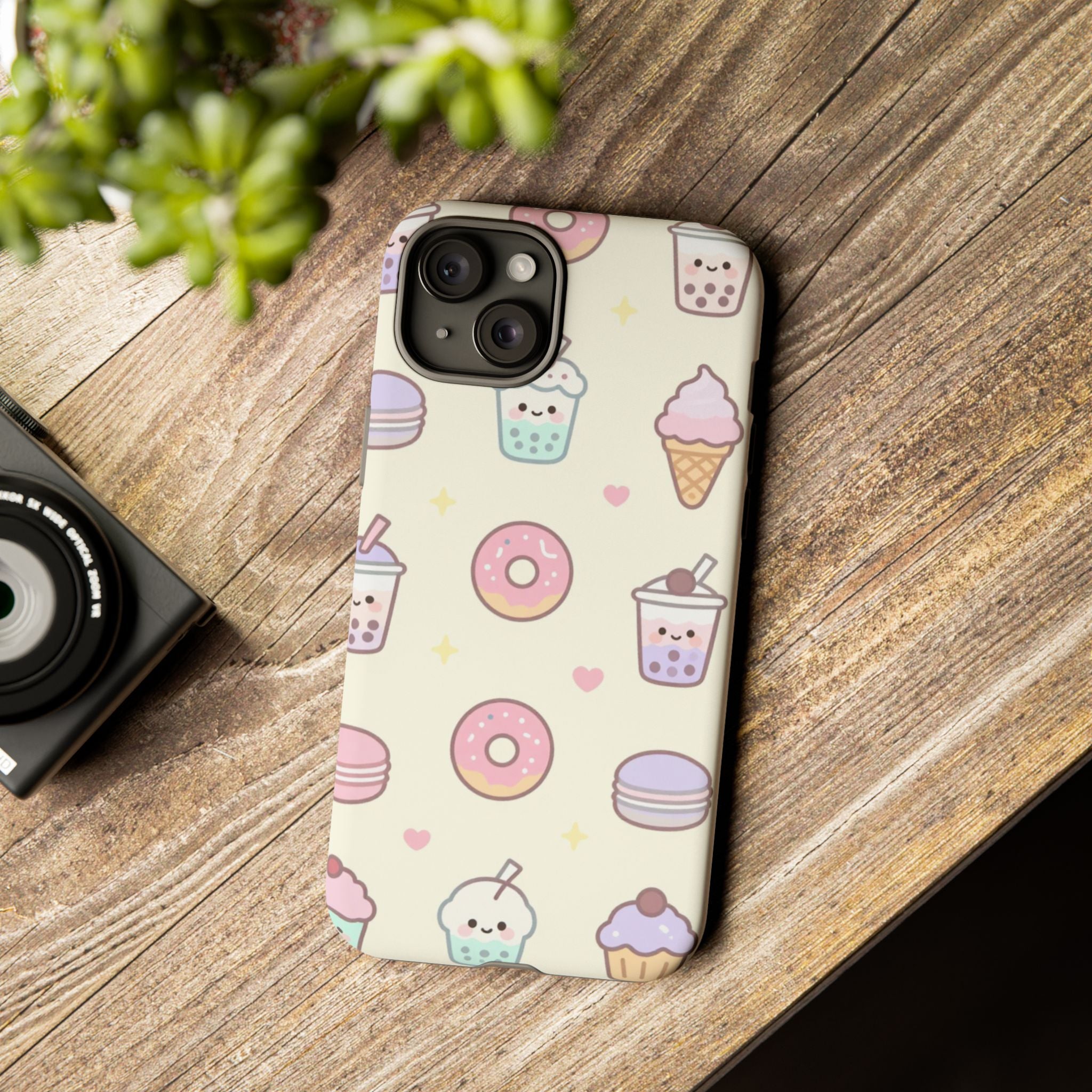 Kawaii Sweets Pattern Phone Case — Cute Donut, Cupcake & Bubble Tea Tough Case