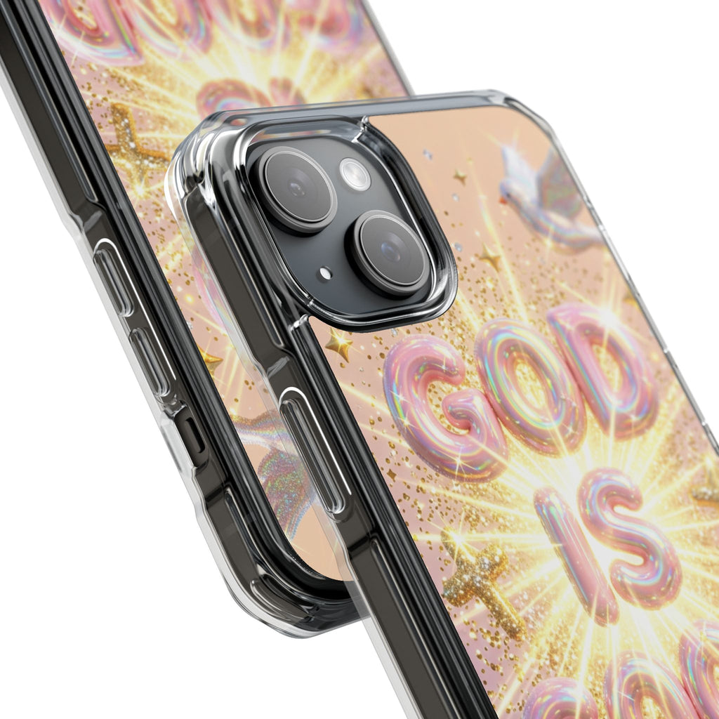 Clear Magnetic Phone Case — "God Is Good" Glitter Cross Design