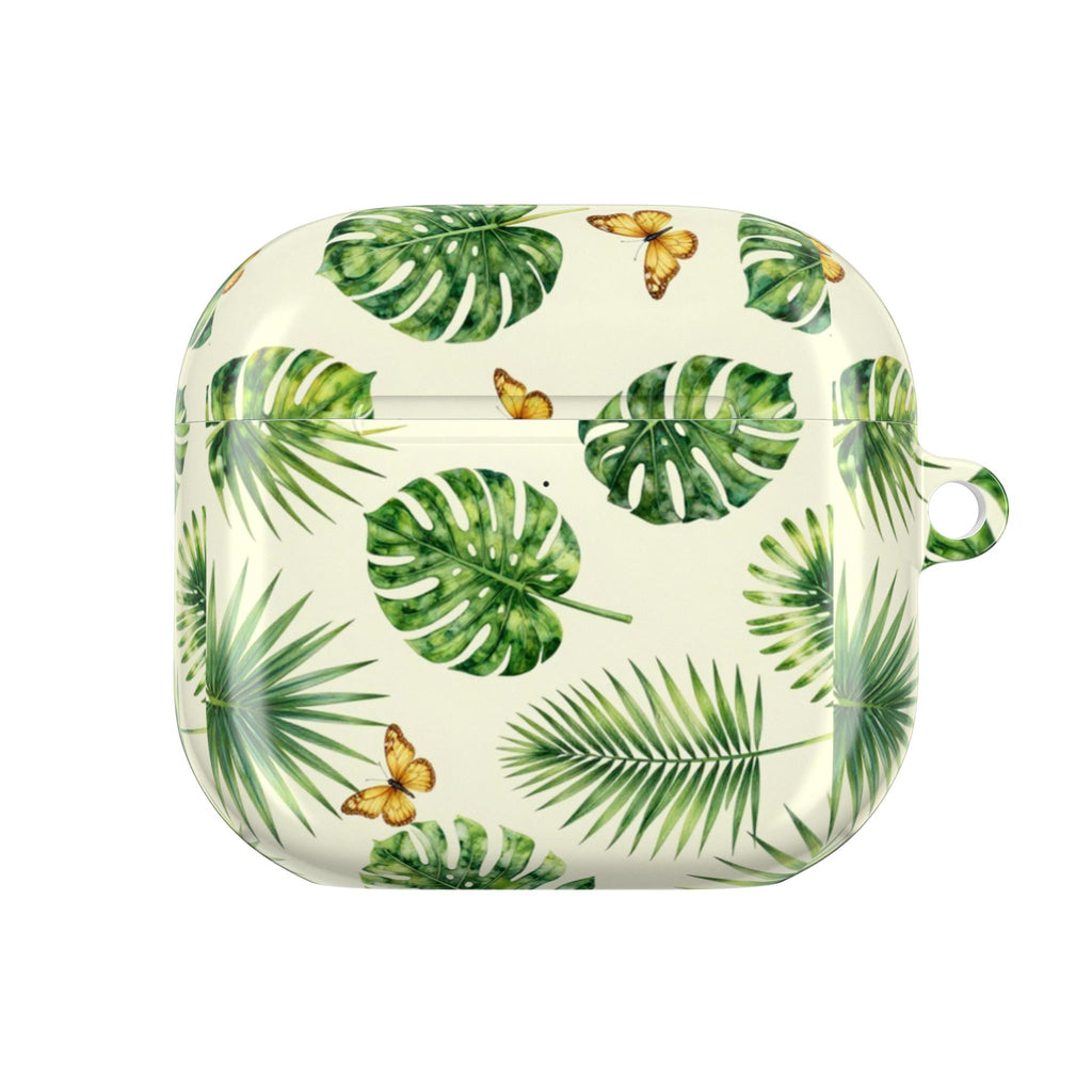 Tropical Leaf AirPod Case — Green Monstera & Palm Leaves with Butterflies