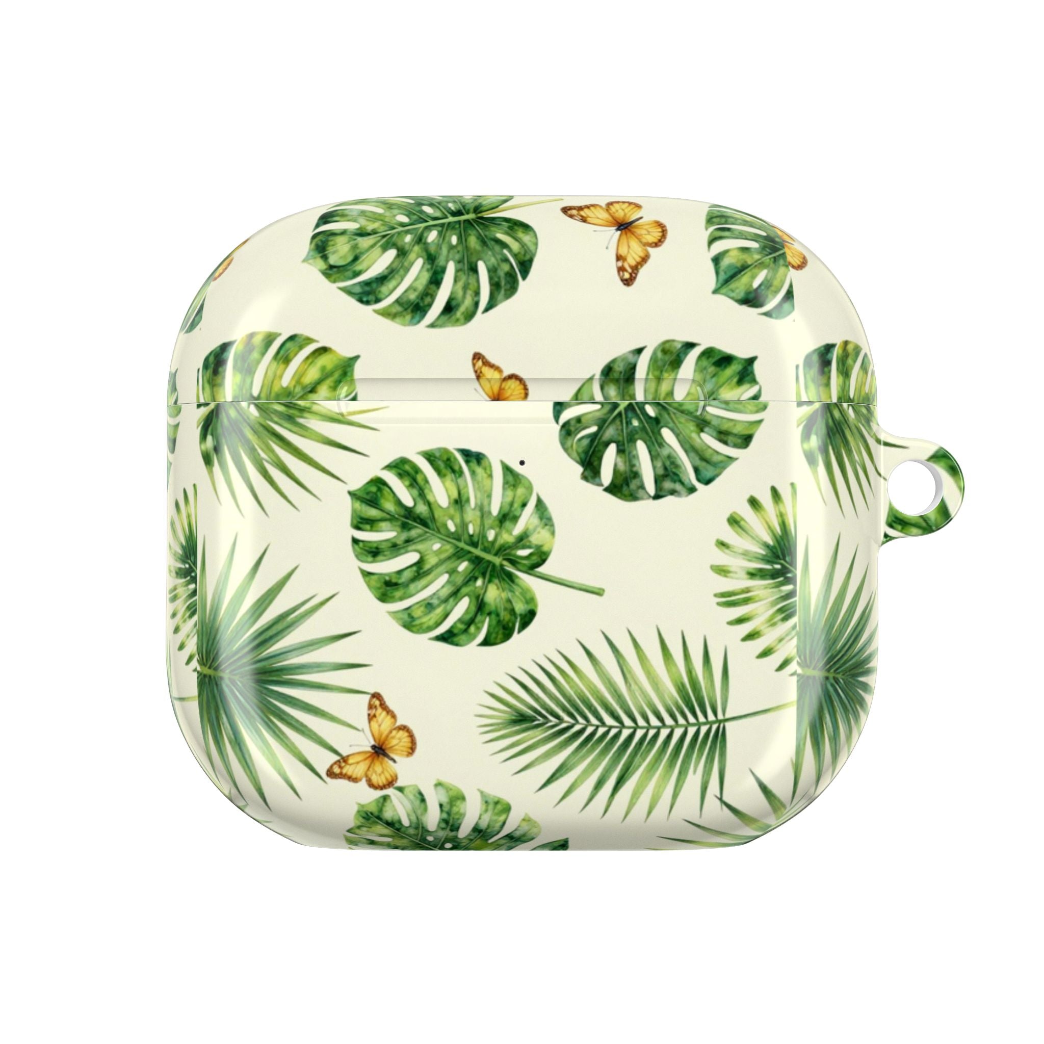 Tropical Leaf AirPod Case — Green Monstera & Palm Leaves with Butterflies