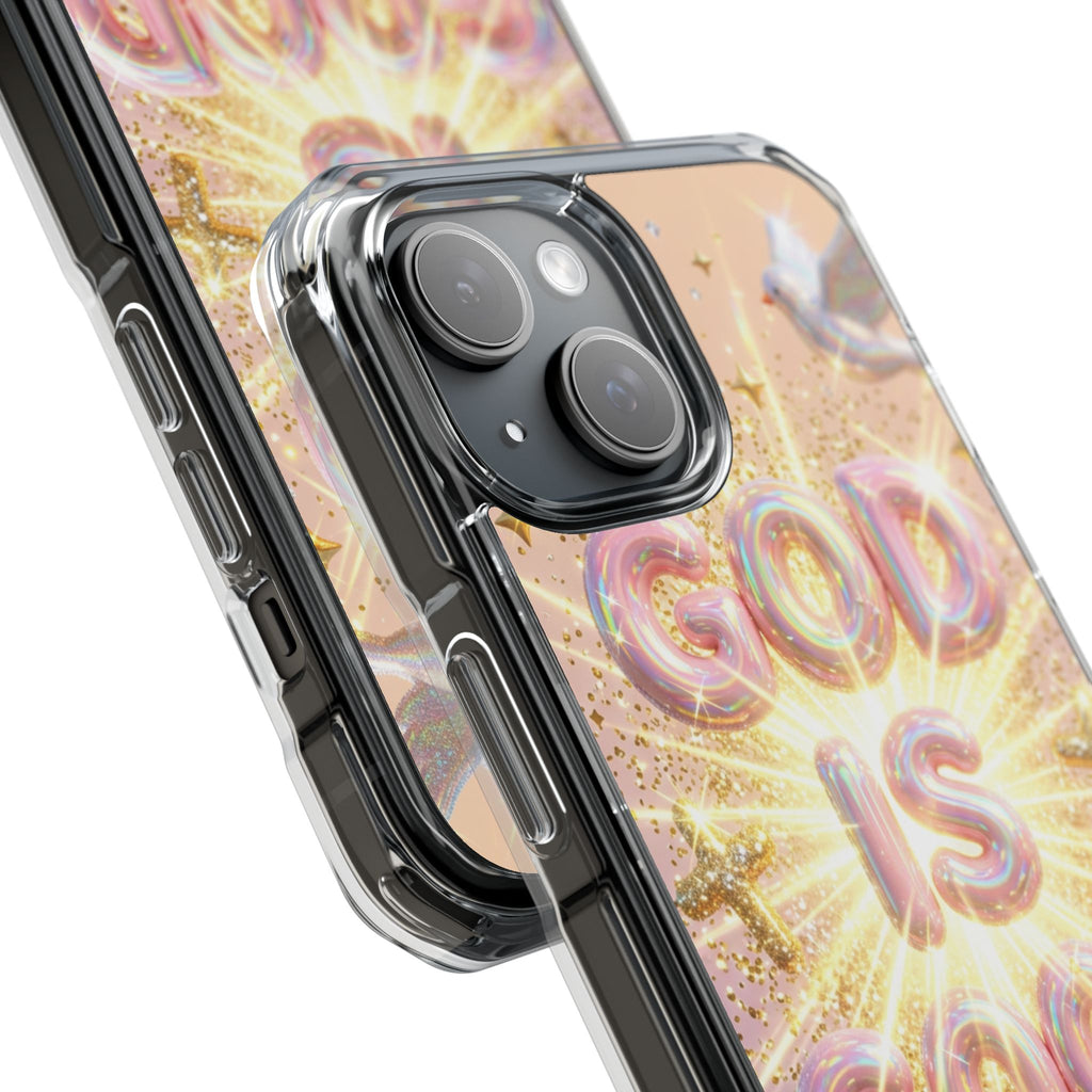 Clear Magnetic Phone Case — "God Is Good" Glitter Cross Design