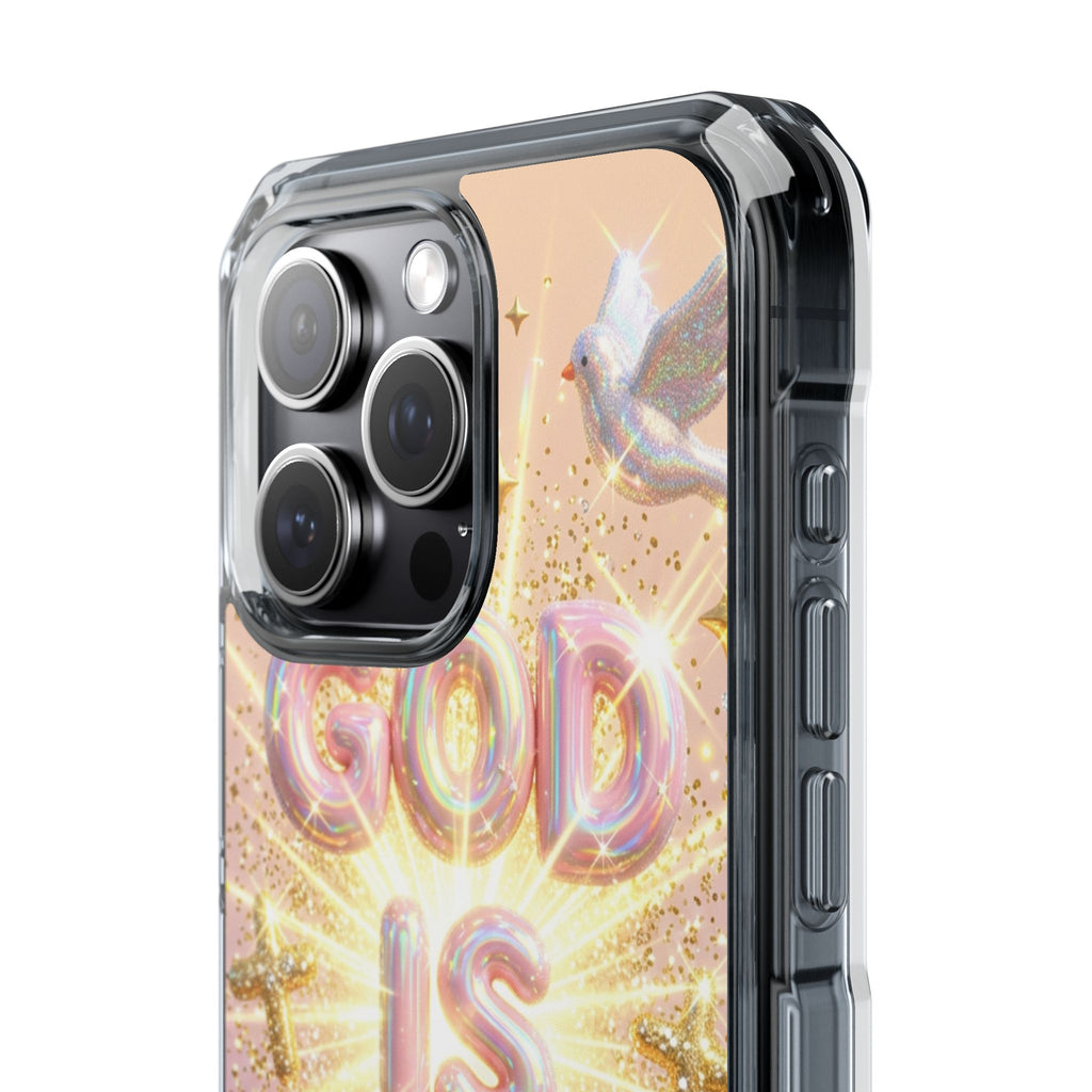 Clear Magnetic Phone Case — "God Is Good" Glitter Cross Design