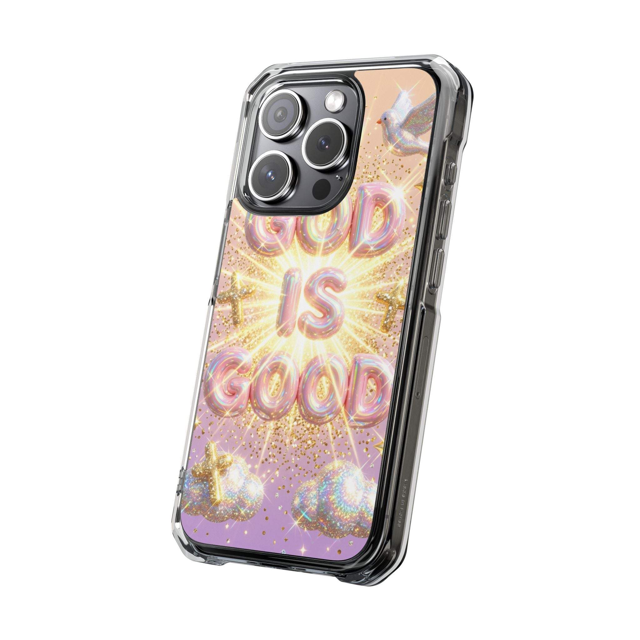Clear Magnetic Phone Case — "God Is Good" Glitter Cross Design