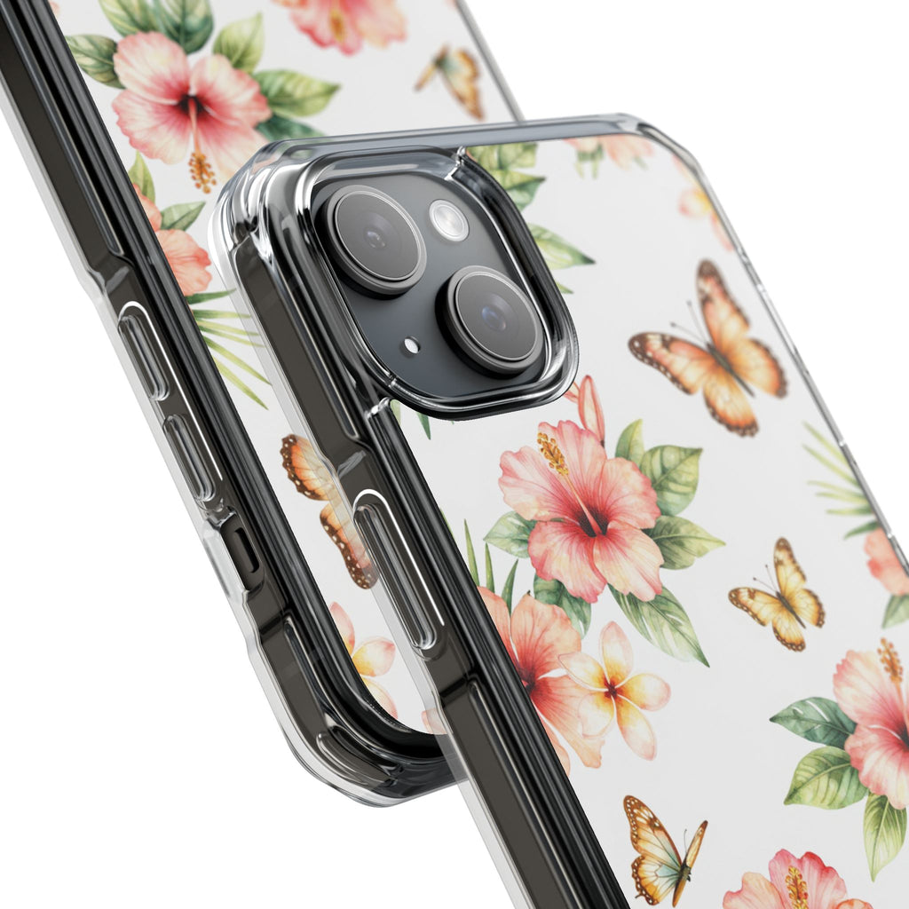 Clear Impact Phone Case — Tropical Hibiscus & Butterfly Magnetic Protective Cover