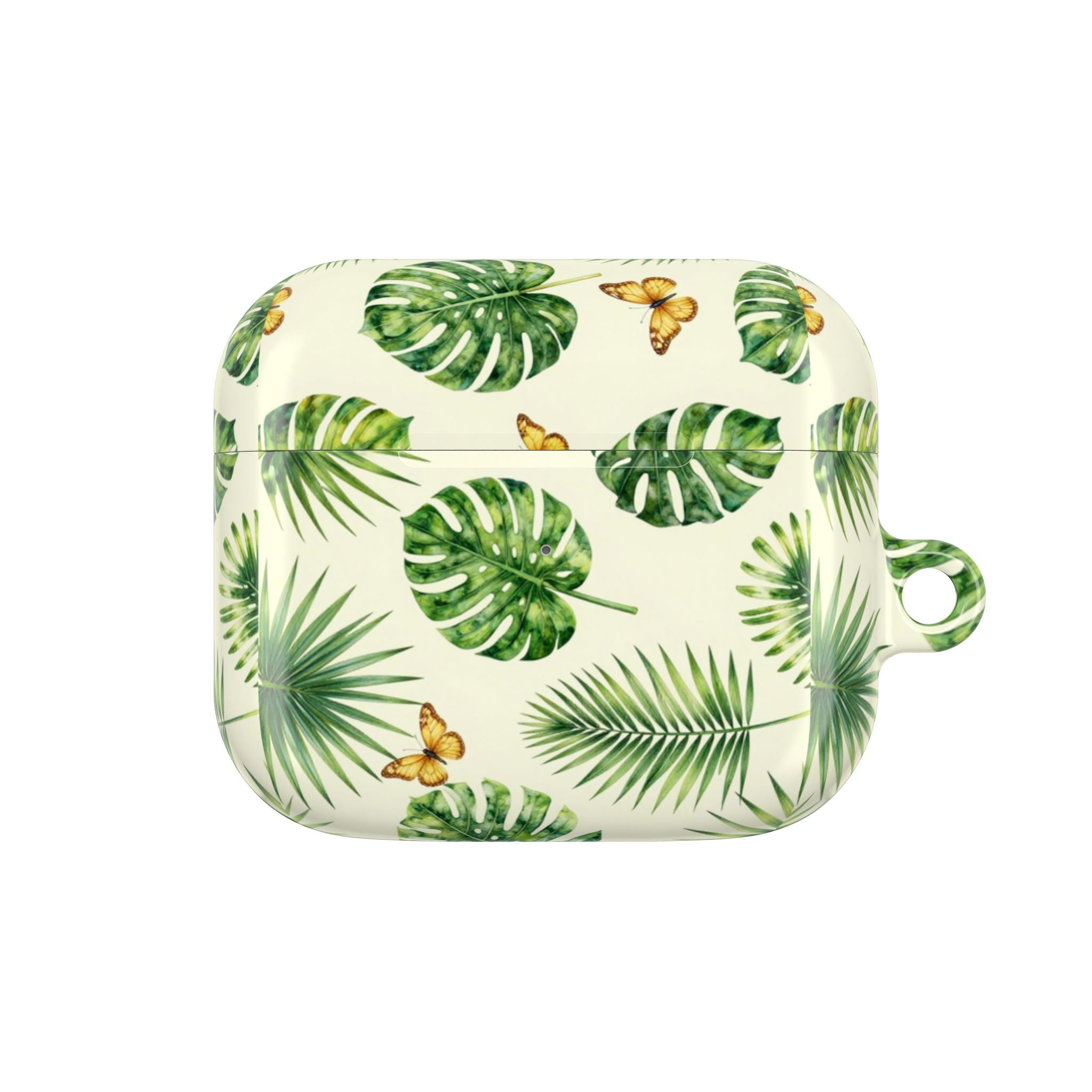 Tropical Leaf AirPod Case — Green Monstera & Palm Leaves with Butterflies