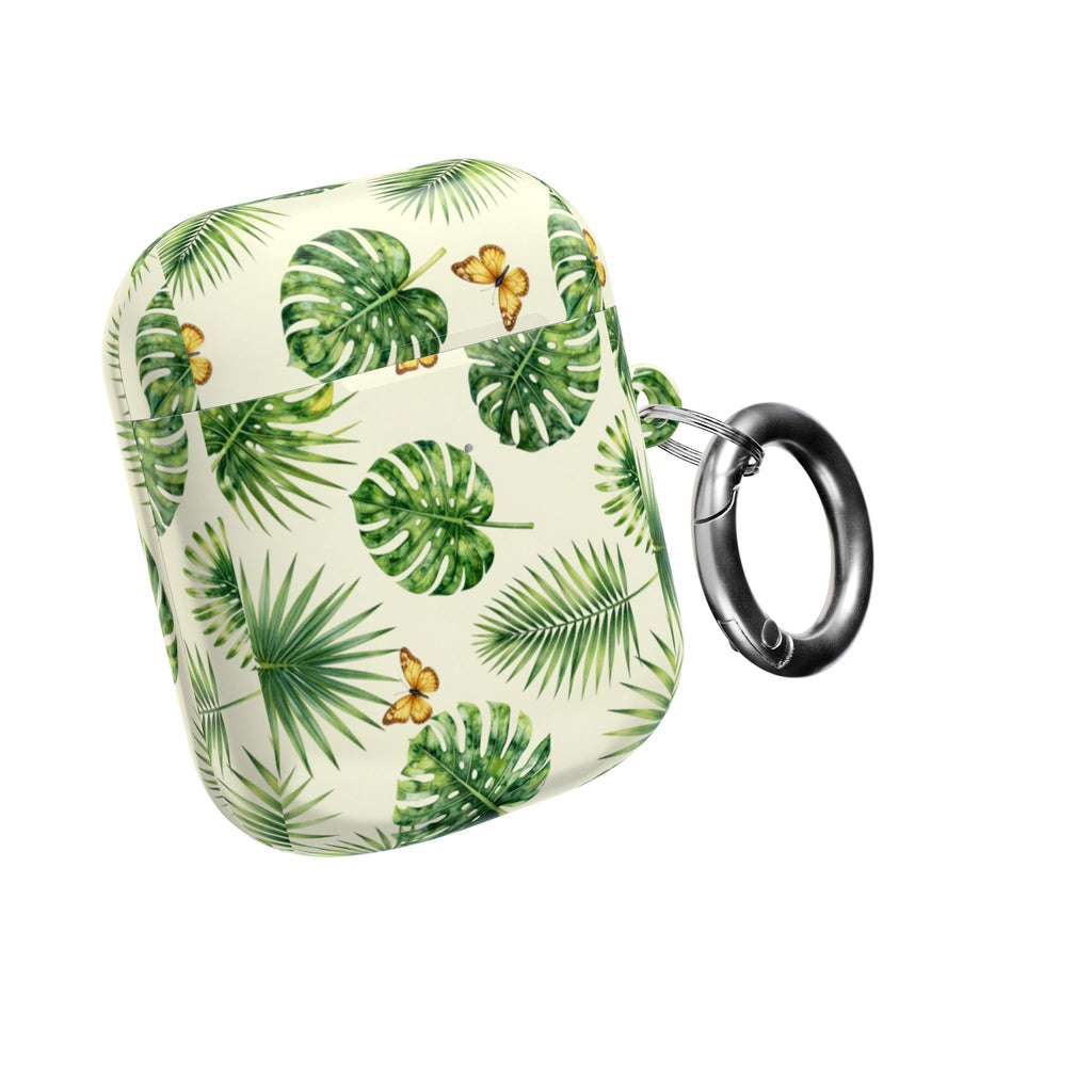 Tropical Leaf AirPod Case — Green Monstera & Palm Leaves with Butterflies