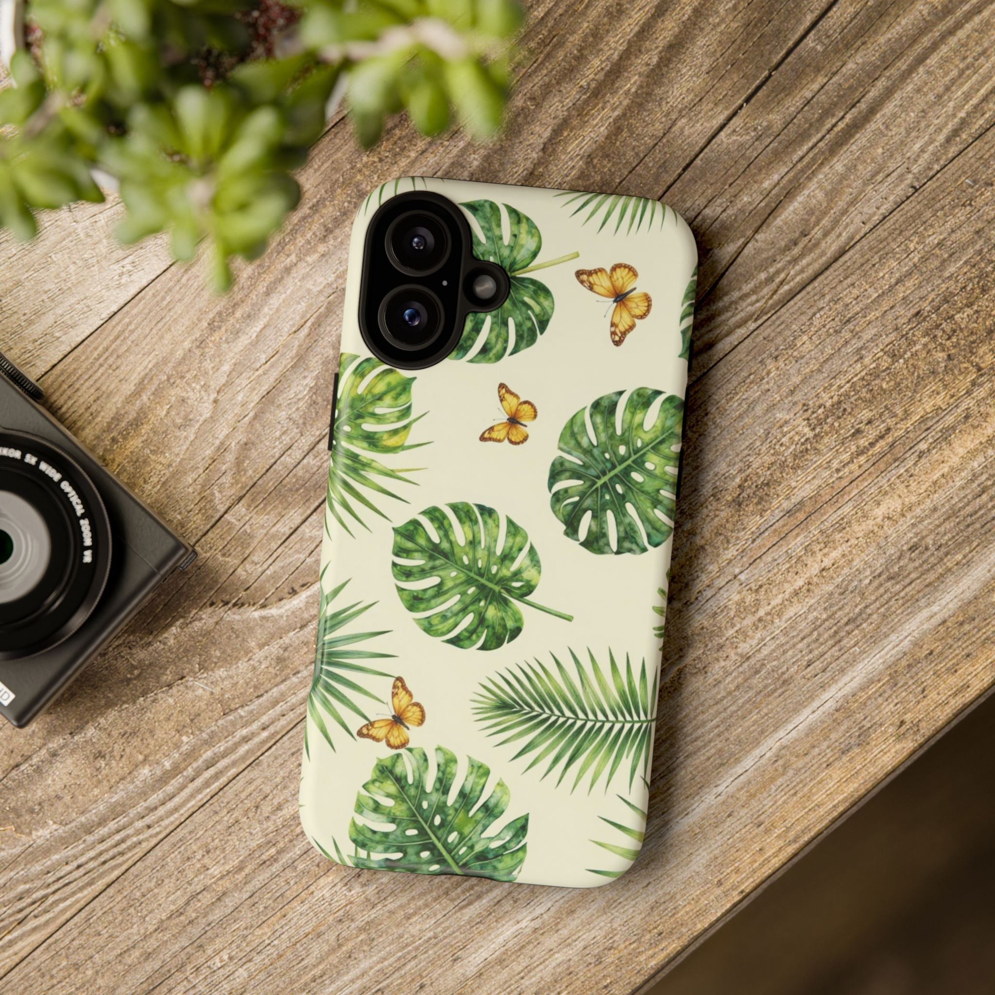 Green Monstera & Palm Leaves with Butterflies Case