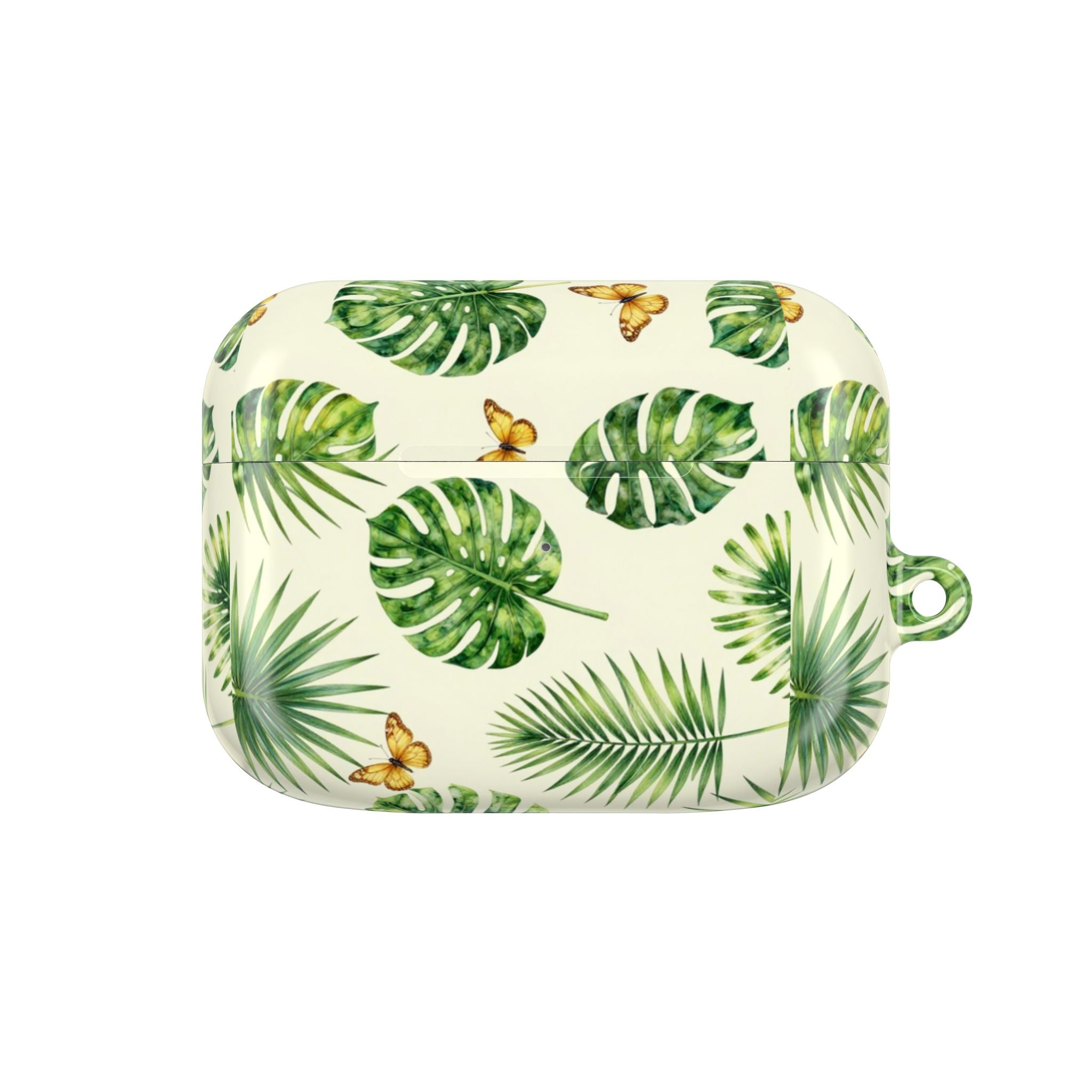 Tropical Leaf AirPod Case — Green Monstera & Palm Leaves with Butterflies